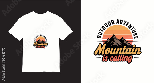Outdoor adventure mountain is calling t-shirt design with sunset badge illustration