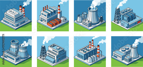 Isometric industrial factory building set with smoking chimneys, power plants and warehouses vector illustration