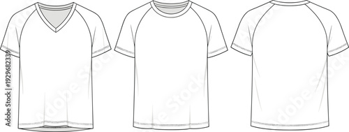 Technical flat sketch of v-neck and crew neck t-shirts, front and back view, apparel template vector