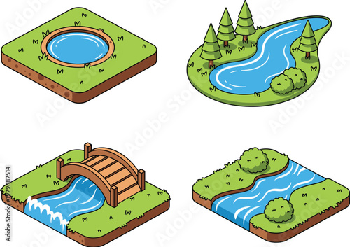 Isometric park nature landscape set with river, pond, bridge, and trees vector illustration for game map design