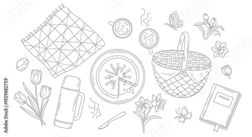 Overhead View of Summer Picnic Spread with Basket, Blanket, and Food, outdoors leisure activity