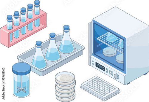 Isometric laboratory equipment set with incubator petri dishes and test tubes cad drawing flat vector illustration