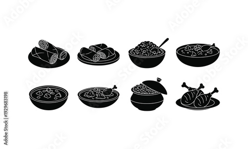 Black and white illustration of various traditional mexican food dishes