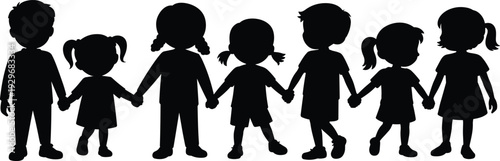 Silhouette of diverse children holding hands in a row, kids unity and friendship concept, childhood community, preschool education, togetherness, teamwork.