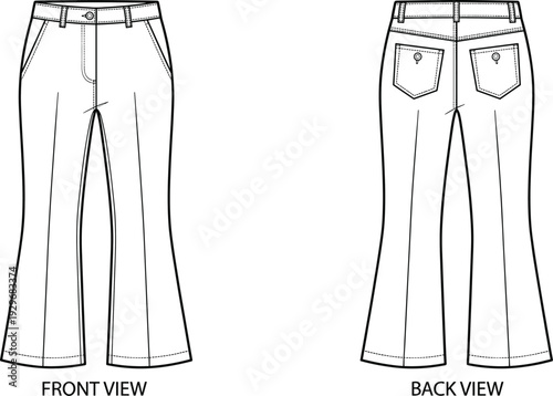 Women flare trousers technical flat sketch template, bell bottom pants, cad drawing flat vector illustration, jeans.