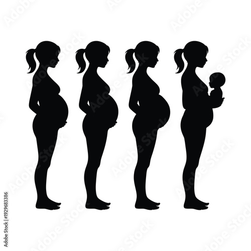 Silhouettes show the progression of pregnancy from early stages to holding a newborn baby
