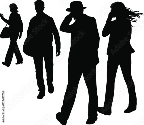 Silhouette of people walking in city, business people commuting on street, urban crowd walking, diverse group of men and women.