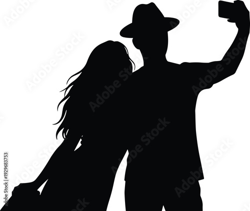 Silhouette of happy couple taking selfie with smartphone, man in hat and woman with long hair, travel vacation memories concept.