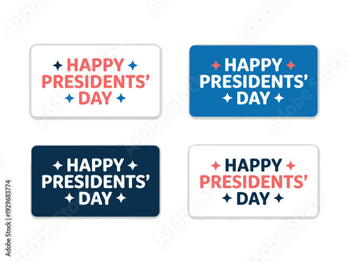 Colorful Happy Presidents' Day Badges with Red, White, and Blue Text and Stars