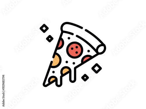 Colorful cartoon pizza slice with melted cheese and pepperoni toppings on white background
