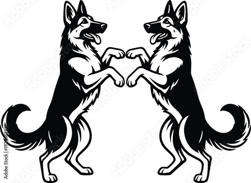 Silhouette of two German Shepherd dogs playing on hind legs, canine training and pet behavior concept, loyal animal friends.