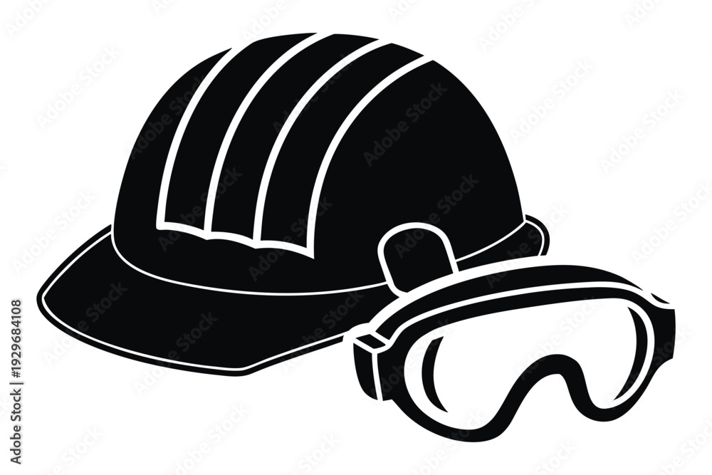 Fototapeta premium PPE protective gear eye protection Black and white of a hard hat and protective goggles safety equipment