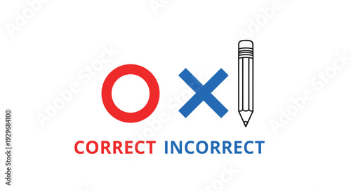 Educational graphic features red circle for correct and blue cross for incorrect with a pencil icon and text labels.