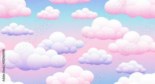 Fluffy white and pink clouds float in a serene blue pink and purple gradient sky on a beautiful sunny day
