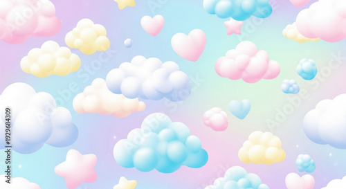 Whimsical pastel clouds and hearts float in a soft gradient sky with stars evoking a dreamy atmosphere