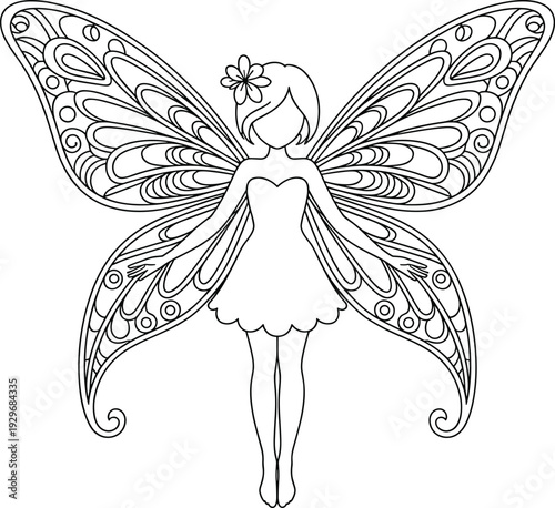 Whimsical line art drawing of a fairy with ornate butterfly wings and a flower in her hair, evoking fantasy and magical themes for illustrations.