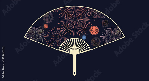 Traditional japanese folding fan features a dark blue background decorated with vibrant colorful firework patterns.