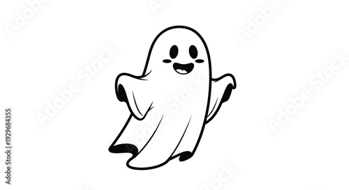 Friendly and cute cartoon ghost character with a smiling face is illustrated in black and white on a white background.