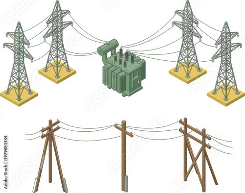 Electrical power line transmission pylon and transformer set, isometric energy grid, cad drawing flat vector illustration.