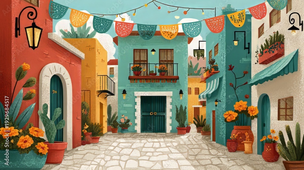 Obraz premium Vibrant Street Scene Illustration for Celebrating Cinco de Mayo Festivities