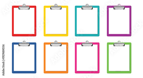Collection of eight blank clipboards with silver clips is shown in a variety of bright and cheerful colors.