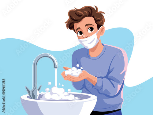 Young Man Wearing Face Mask Washing Hands with Soap in a Sink