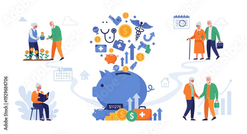 Retirement Planning & Senior Lifestyle Journey: Financial Savings, Healthcare & Well-being Illustration