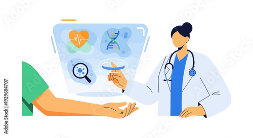 Digital Health & Genomic Medicine: Doctor Explains Patient Data on Holographic Screen