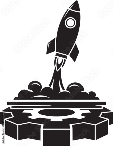 Dynamic illustration of a rocket launching from a large gear, signifying startup, innovation, and rapid progress in technology and business.