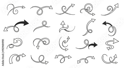 Thin curved arrows collection. Sketch arrows. Vector hand drawn arrows with curls, pointing different directions.. isolated on white, png
