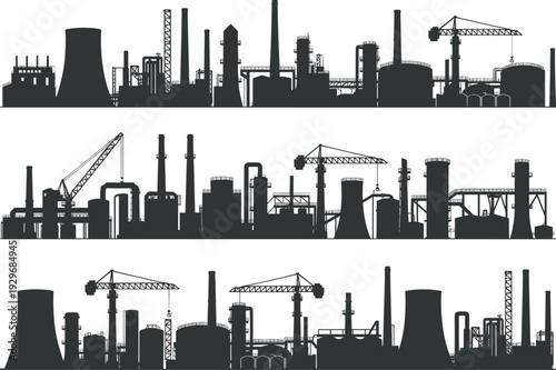 Industrial factory skyline silhouette set with manufacturing plant buildings, power station cooling towers, oil refinery chimneys, construction cranes, engineering pipes, and warehouse complex icons,