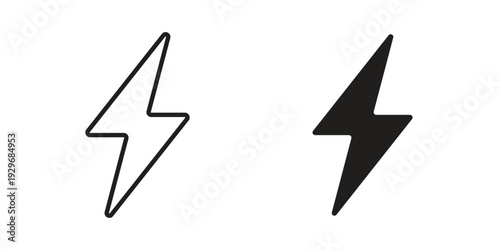 Lightning bolt icons vector glyph and thin line. Black icons