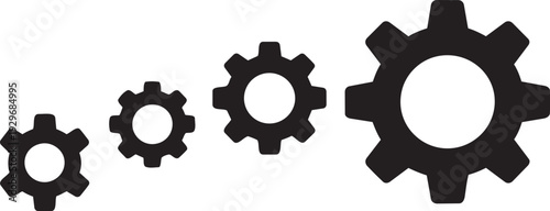 Minimalist vector illustration showing a series of four interconnected gears of increasing size, symbolizing teamwork, process, and mechanical synergy.