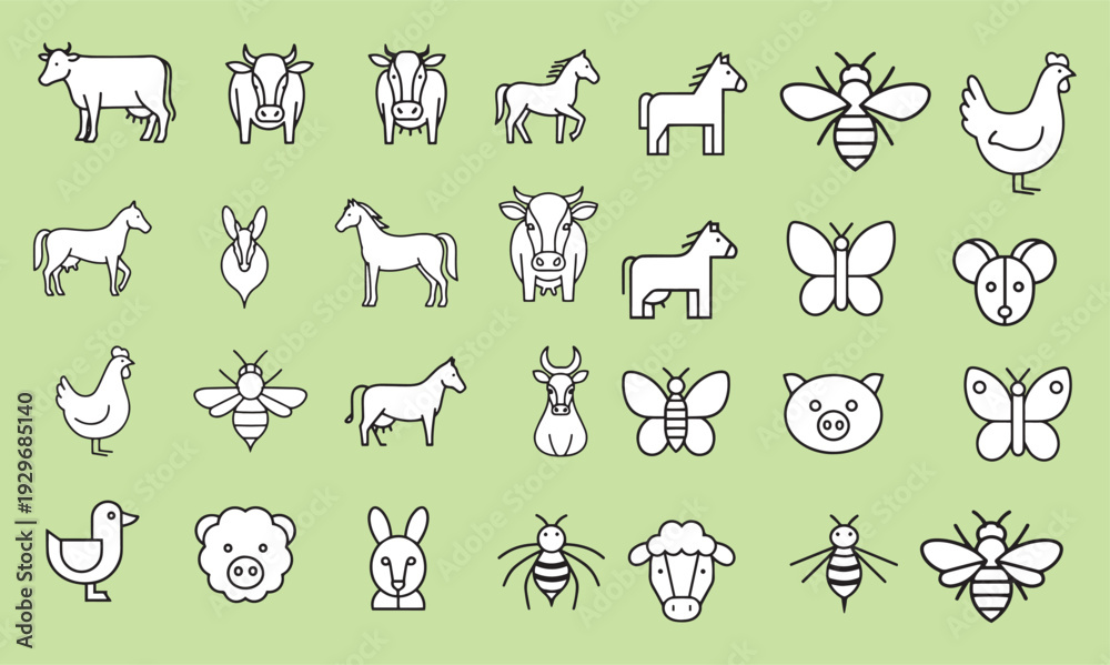 Fototapeta premium Farm Animals Outline Icons: Minimalist Vector Set Featuring Cow, Horse, Pig, Chicken, Bee, and Butterfly for Agricultural Design