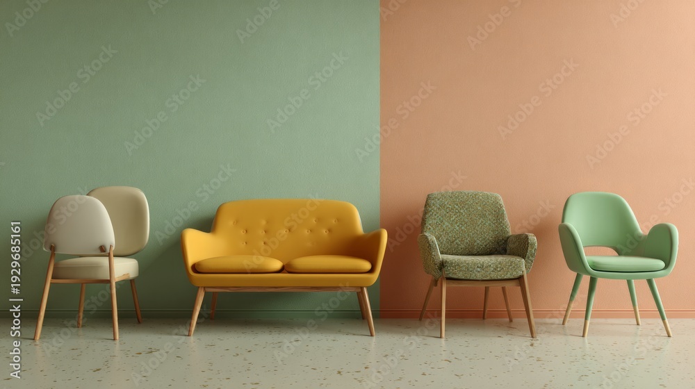 Obraz premium Minimalist Retro-Inspired Lounge Scene with Pastel Colors and Modern Chairs