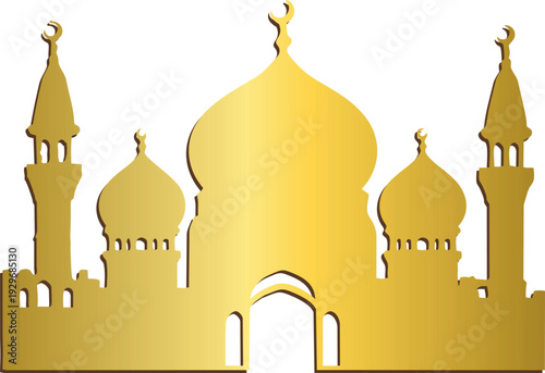 A stylized golden mosque silhouette with domes and minarets on , featuring subtle shading for a bold Islamic architectural design.

