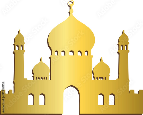 A stylized golden mosque with domes and tall minarets on , featuring subtle brown shading for a decorative Islamic architectural design.