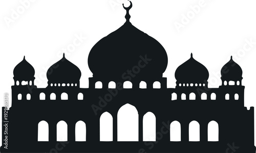 A dark silhouette of a grand mosque with multiple domes and arches against a black background, forming a minimal Islamic architectural design.