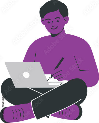 Person in purple shirt sitting cross- legged using laptop and writing in notebook