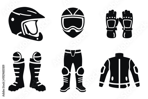 PPE protective gear eye protection Black and white protective motocross gear set including helmet goggles gloves boots pants jacket