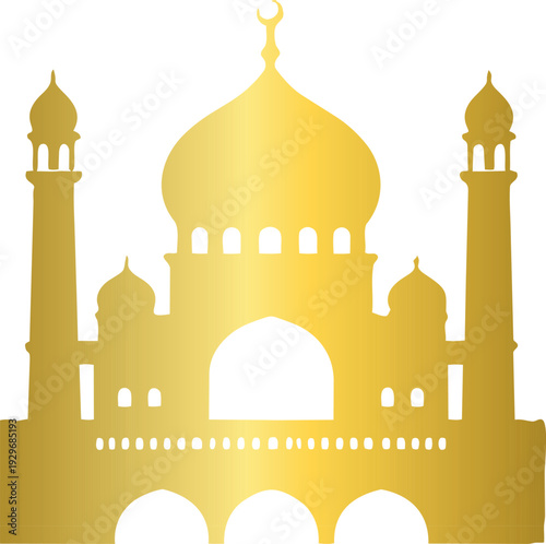 A golden mosque silhouette with a large central dome, crescent moon finial, and tall minarets stands against in a bold Islamic architectural style.