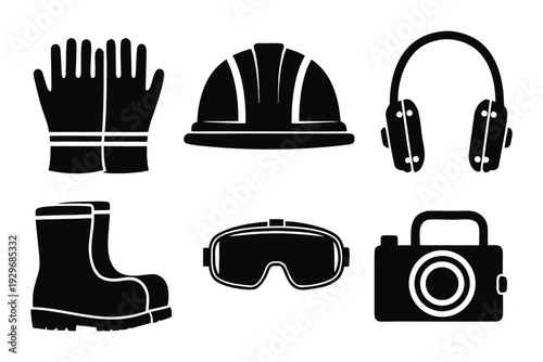 PPE protective gear eye protection Black and white safety equipment including helmet goggles gloves boots headphones and camera