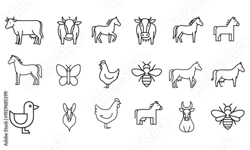 Farm Animals Line Icon Set – Cow, Horse, Chicken, Bee Outline Vector Collection