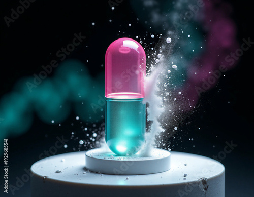Extreme macro photography of translucent pharmaceutical capsule fracturing through circular titanium frame, iridescent powder exploding outward. Aurora-inspired acid green and hot pink light curtains 