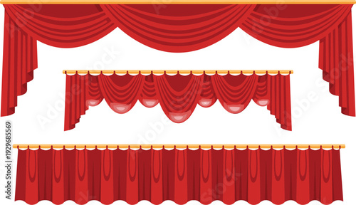 Classic red theater curtains and luxury stage valances with gold tassels cad drawing flat vector illustration