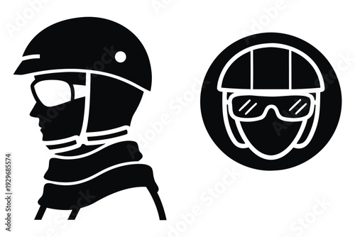 PPE protective gear eye protection Black and white silhouette and of protective sports helmet with goggles