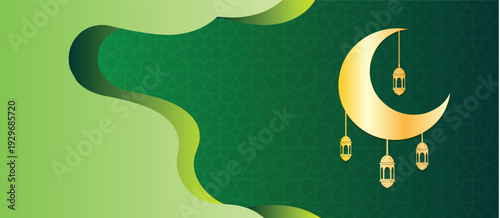 Elegant green background with a golden crescent moon and hanging Islamic lanterns, perfect for Ramadan or Eid celebrations.