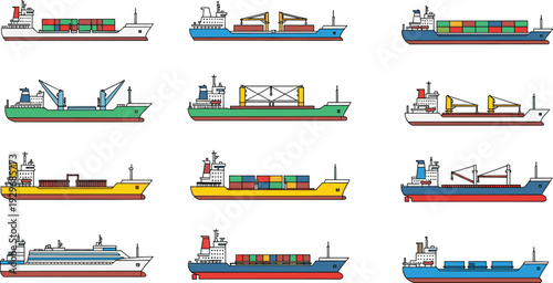 Collection of various cargo container ships and commercial vessels in cad drawing flat vector illustration