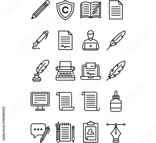 Copywriting web icons in line style. Document, writing, creative, signature, collection. Vector illustration