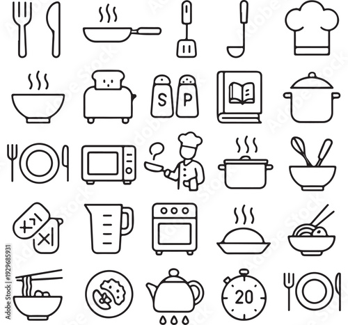 Cooking web icons in line style. Frying pan, fork, knife, recipe book, microwave, collection. Vector illustration